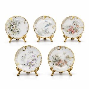 Limoges France Hand-Painted Floral Antique Plates with Gold Boarder | Set of 5